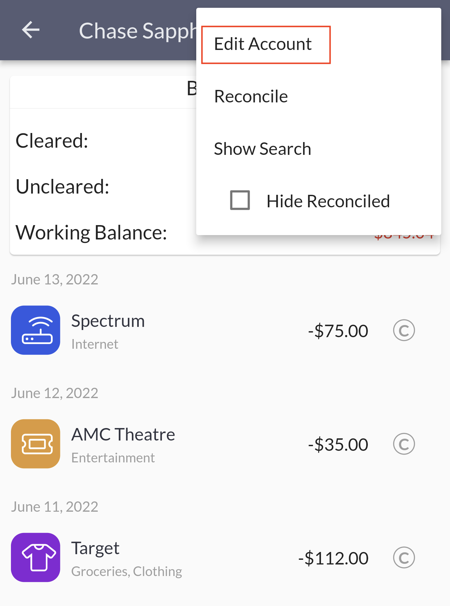 Show Account Transaction Screen Edit Button
