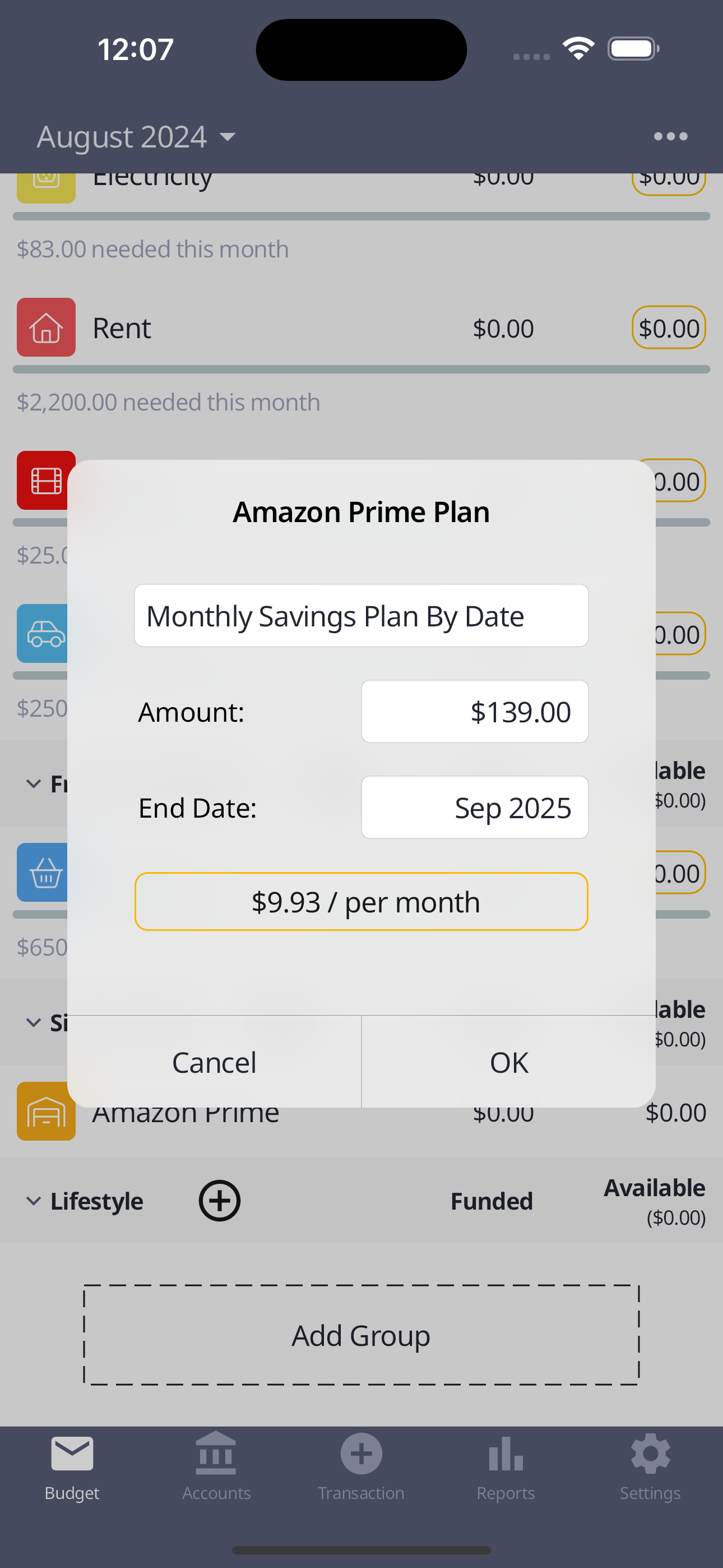 Budget screen Amazon Prime plan example