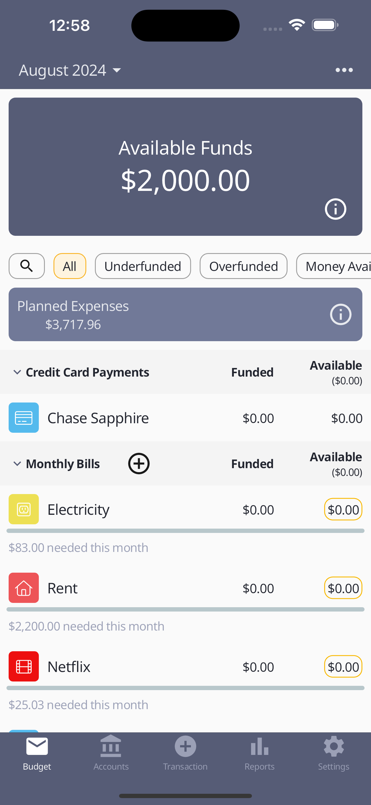 Budget screen available funds example with less money available