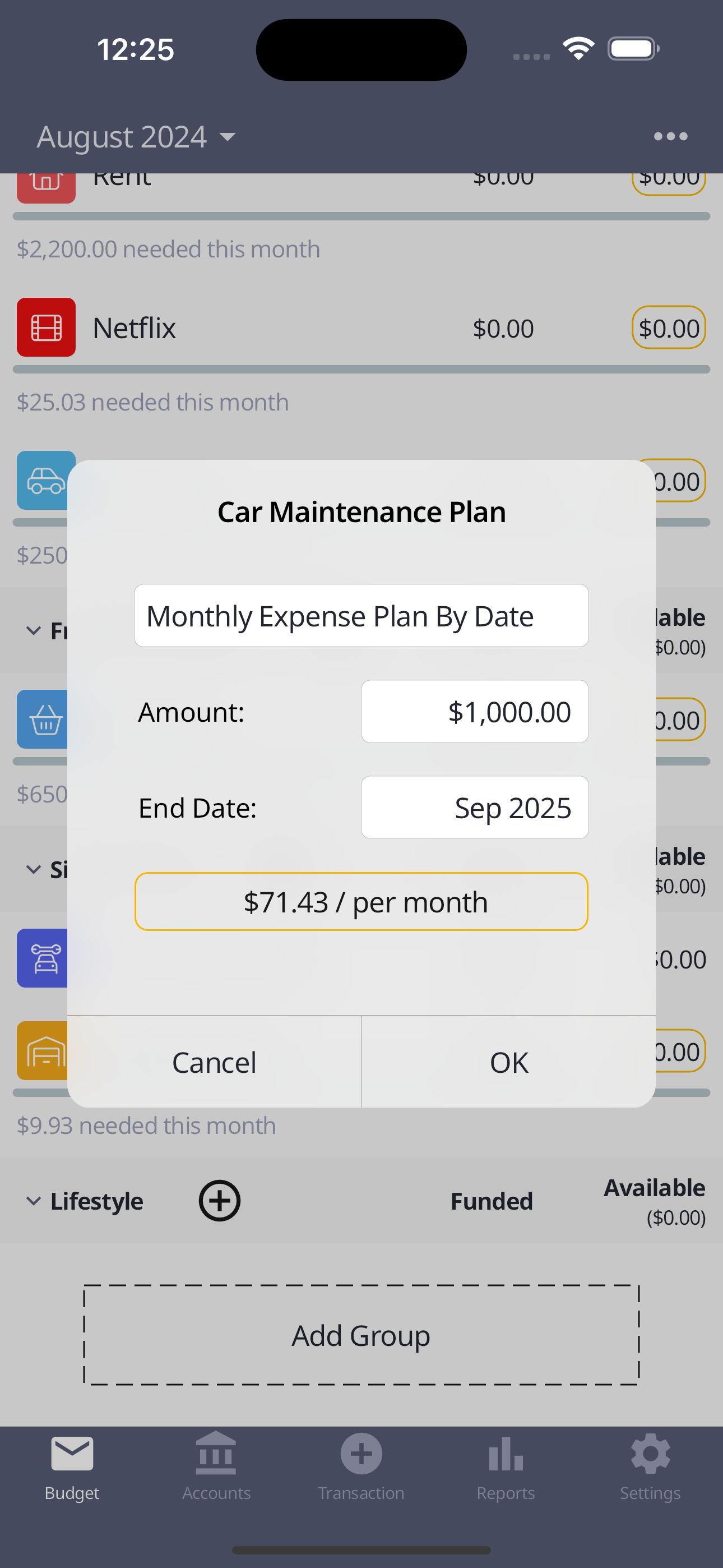 Budget screen Car Maintenance plan example