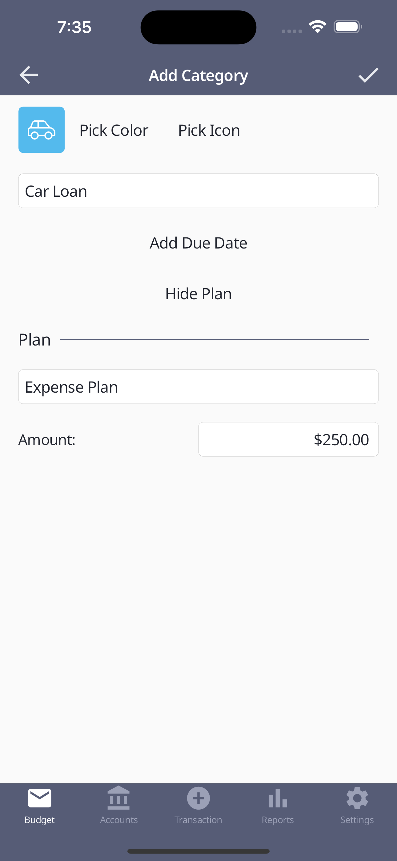 Category form screen with plan