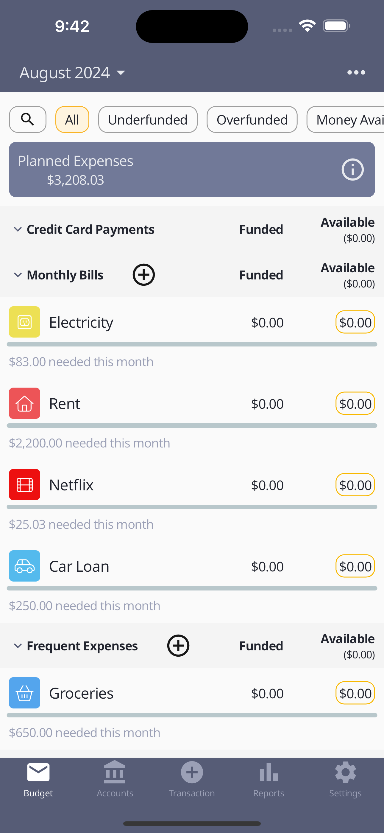 Budget screen monthly bills example