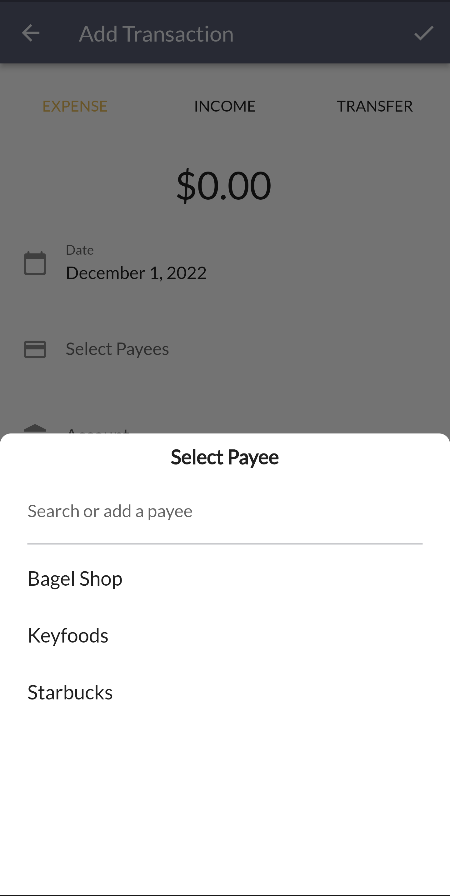 Transaction form payee bottom sheet